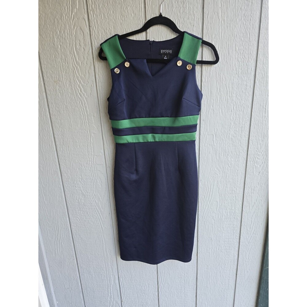 Enfocus Studio Vibrant Blue  Green Pencil Dress Gold Metal Buttons Professional